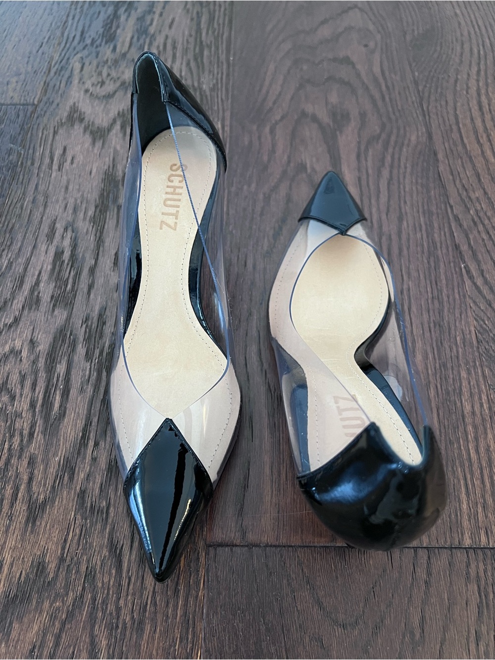 Schutz Garthy Pointy Toe Heel Transparent & Patent Leather Size 7B NWOB